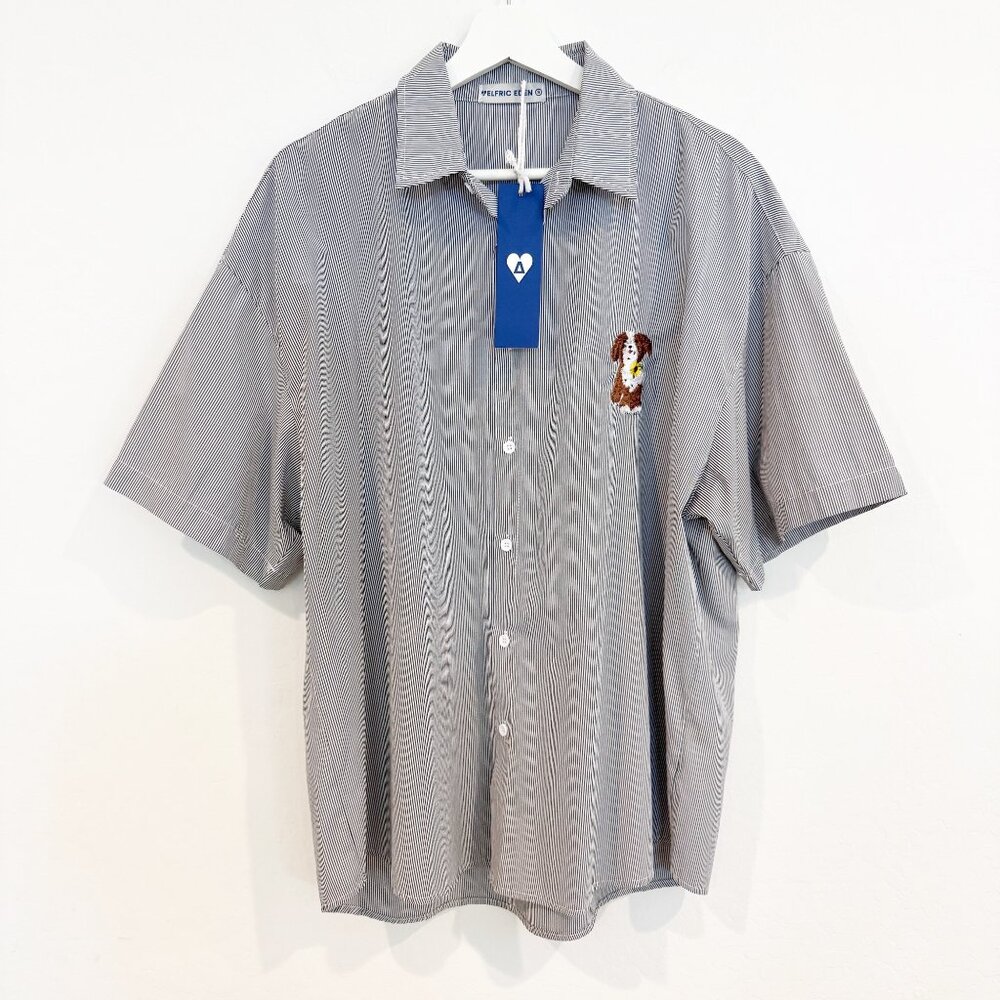 NWT Aelfric Eden Mens Short Sleeve Button Up Embroidered Dog Striped Shirt Small